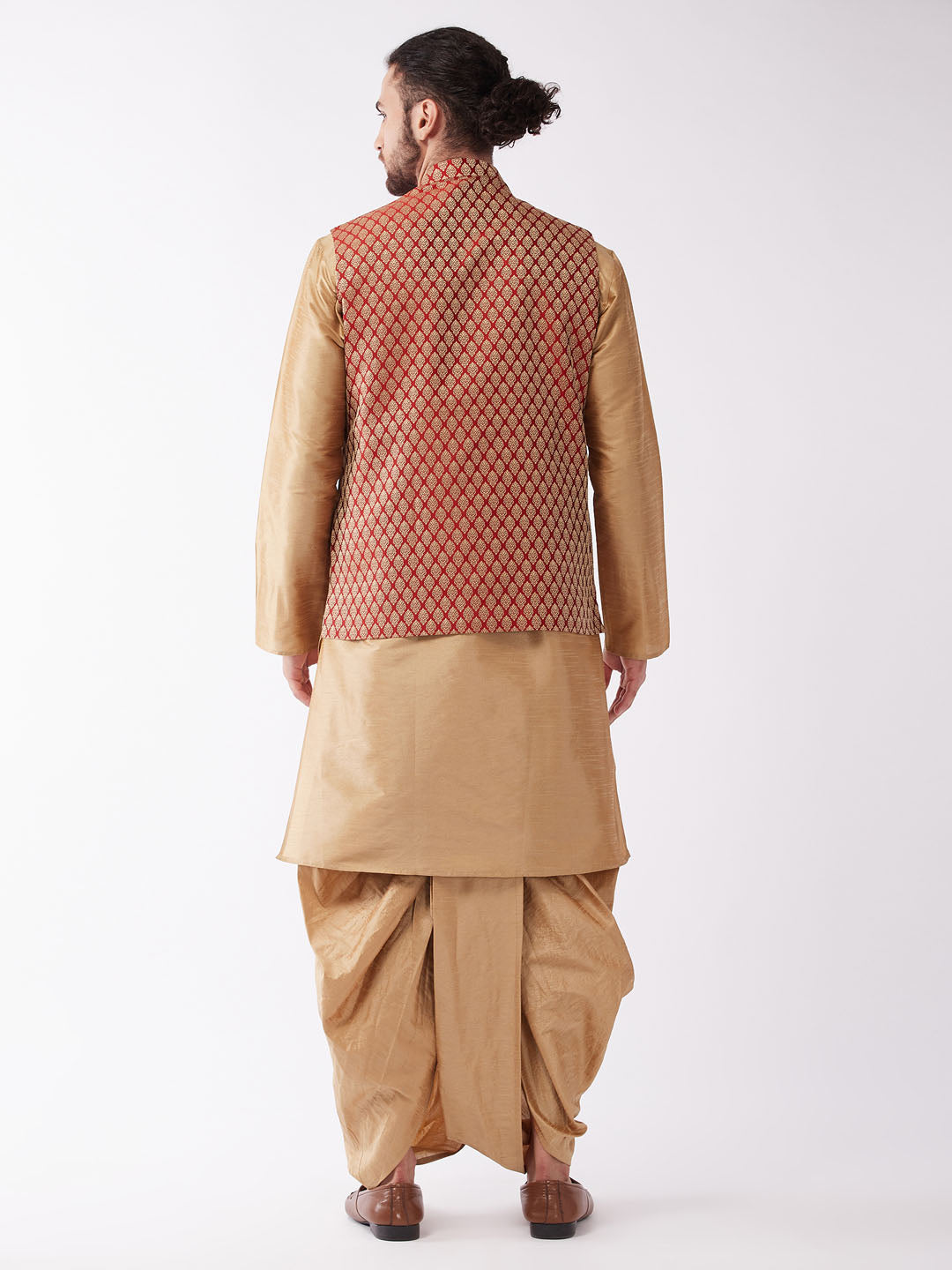 Men's Rose Gold Solid Silk Blend Kurta And Dhoti With Maroon Nehru Jacket