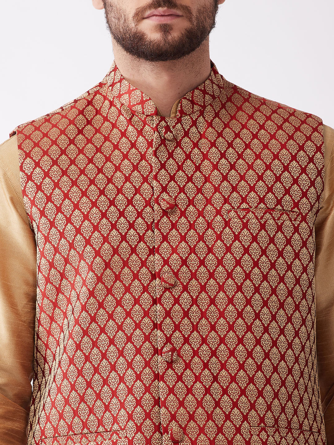 Men's Rose Gold Solid Silk Blend Kurta And Dhoti With Maroon Nehru Jacket