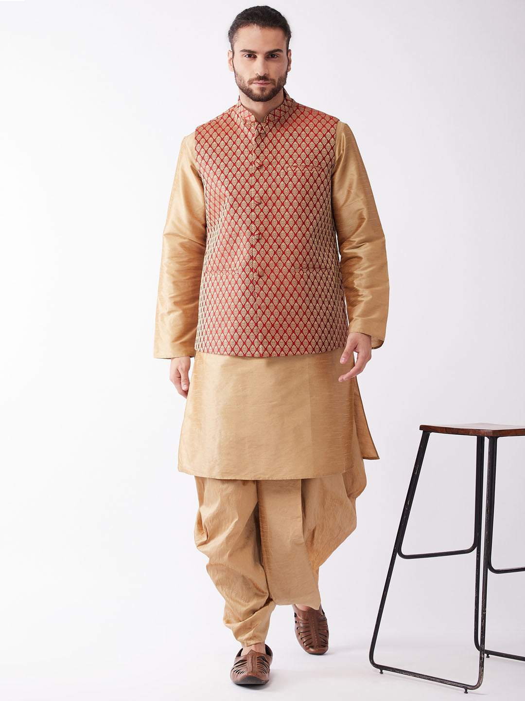 Men's Rose Gold Solid Silk Blend Kurta And Dhoti With Maroon Nehru Jacket