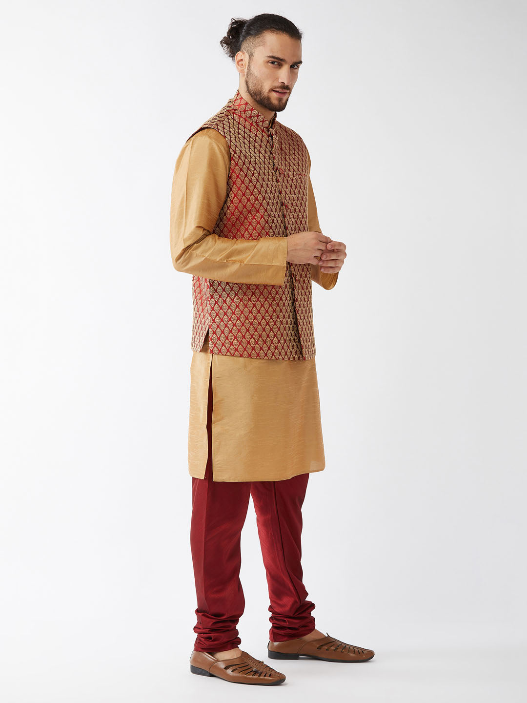 Men's Maroon Silk Blend Ethnic Jacket, Rose Gold Kurta And Maroon Pyjama Set