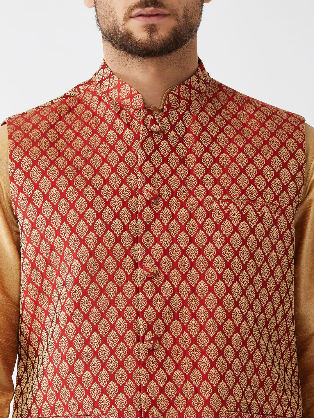Men's Maroon Silk Blend Ethnic Jacket, Rose Gold Kurta And Maroon Pyjama Set