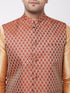 Men's Rose Gold Silk Blend Kurta And Pyjama With Maroon Woven Nehru Jacket