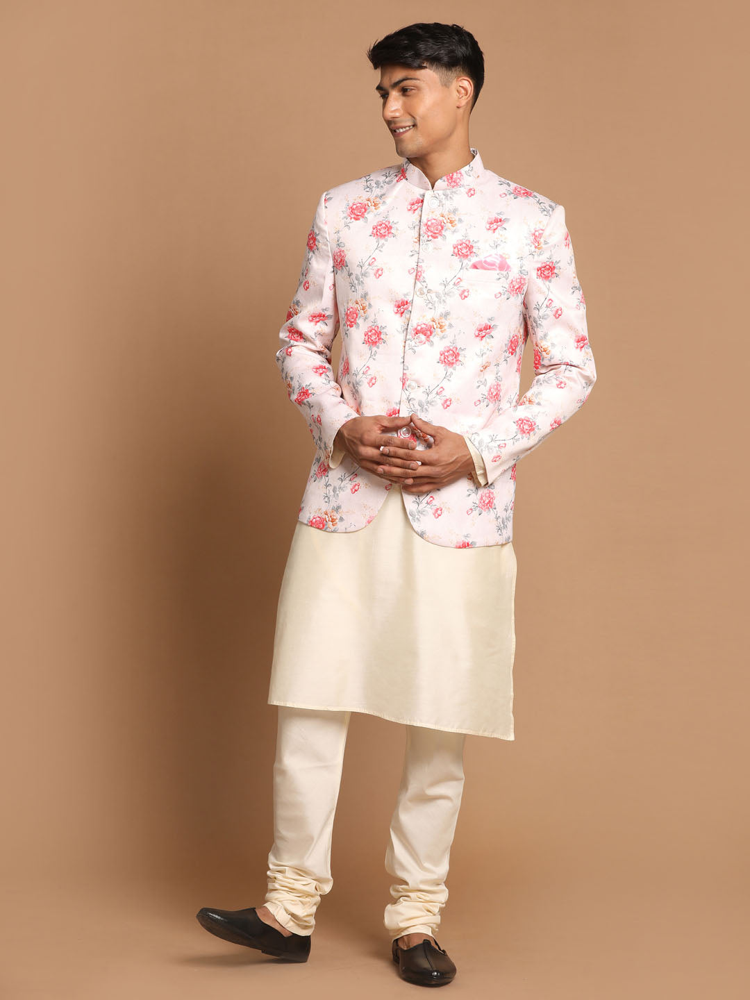 Men's Peach Floral Print Jodhpuri With Cream Solid Kurta And Pyjama Set.