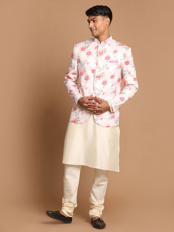 Men's Peach Floral Print Jodhpuri With Cream Solid Kurta And Pyjama Set.