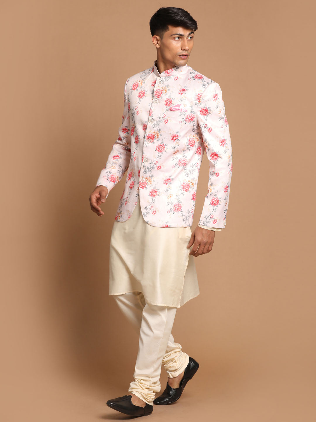 Men's Peach Floral Print Jodhpuri With Cream Solid Kurta And Pyjama Set.