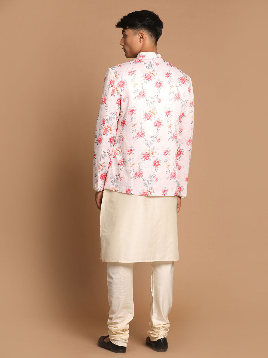 Men's Peach Floral Print Jodhpuri With Cream Solid Kurta And Pyjama Set.