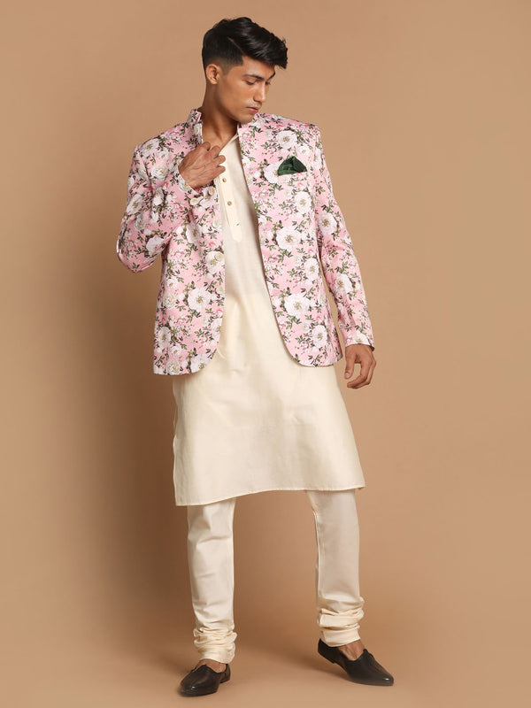 Men's Pink Floral Print Jodhpuri With Cream Solid Kurta And Pyjama Set