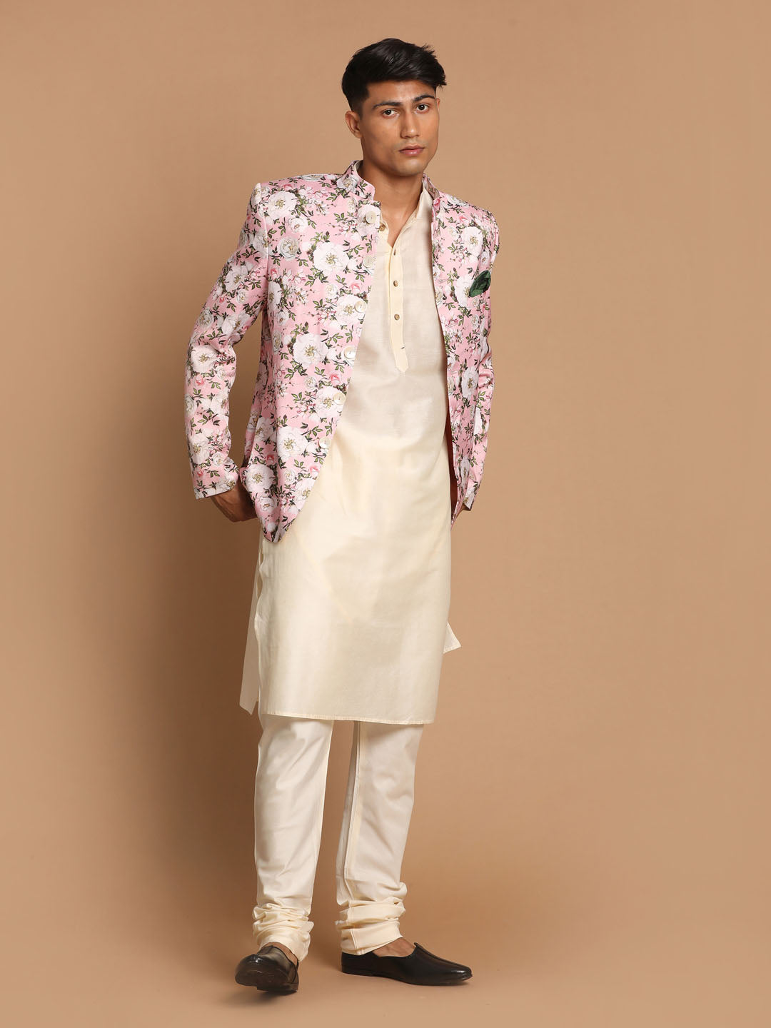 Men's Pink Floral Print Jodhpuri With Cream Solid Kurta And Pyjama Set