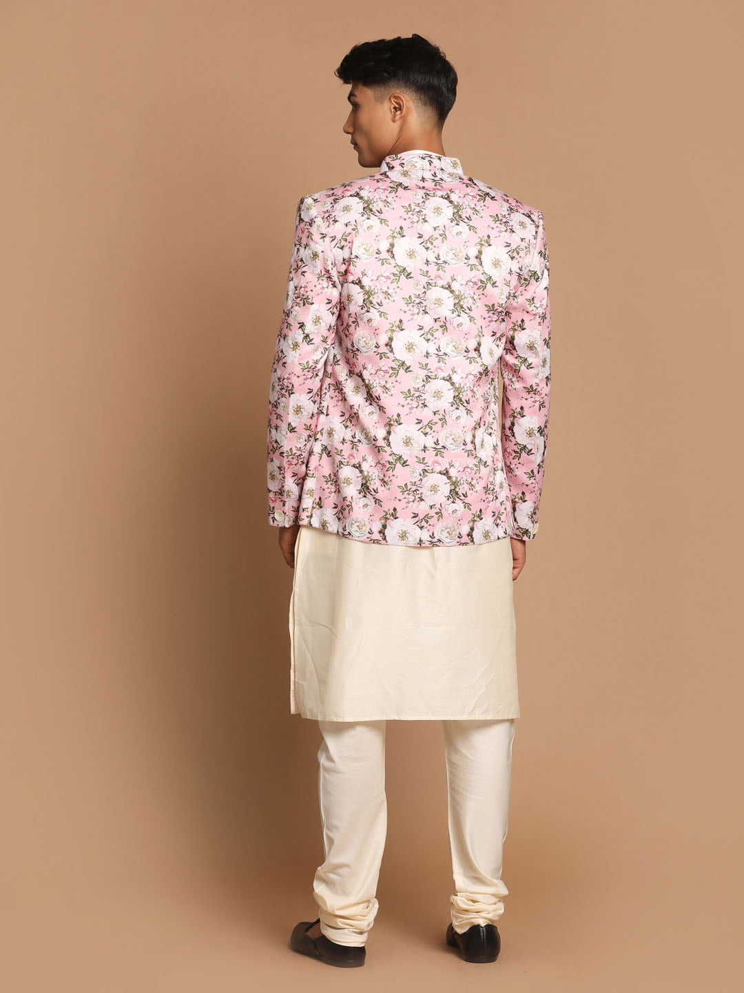 Men's Pink Floral Print Jodhpuri With Cream Solid Kurta And Pyjama Set