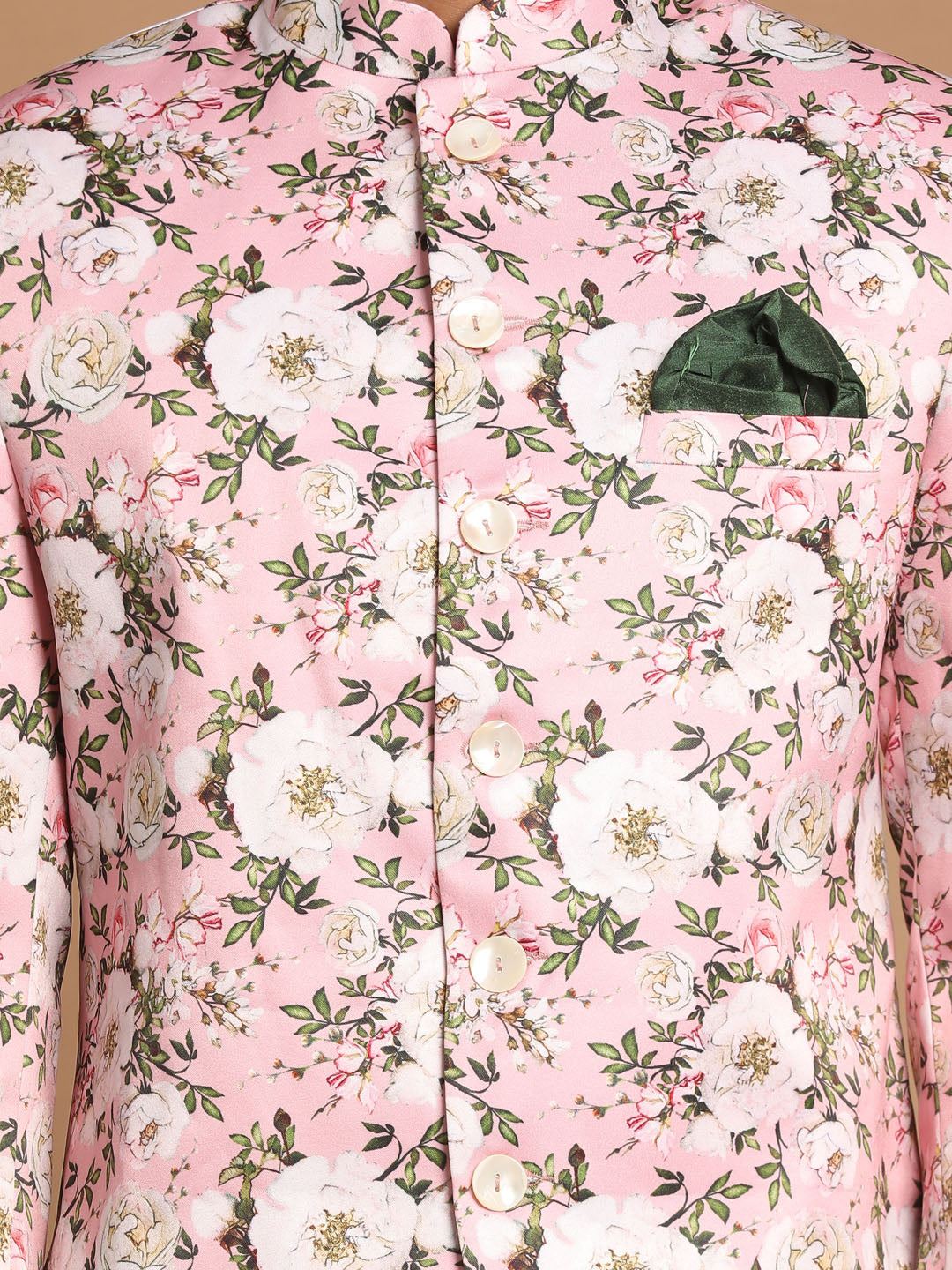 Men's Pink Floral Print Jodhpuri With Cream Solid Kurta And Pyjama Set