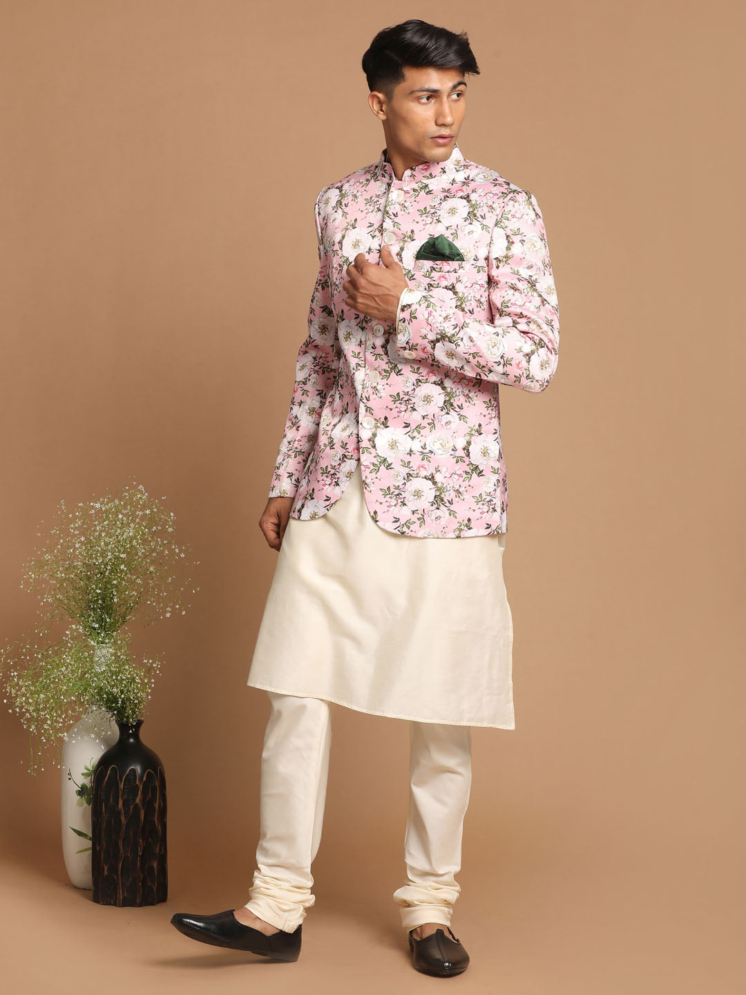 Men's Pink Floral Print Jodhpuri With Cream Solid Kurta And Pyjama Set