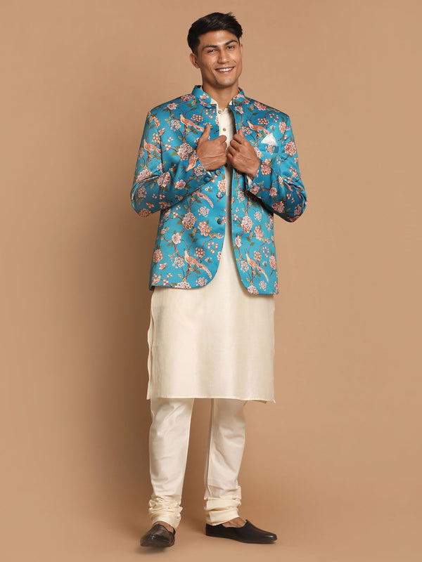 Men's Turquoise Silk Blend Jodhpuri With Cream Viscose Rayon Kurta Pyjama Set