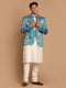 Men's Turquoise Silk Blend Jodhpuri With Cream Viscose Rayon Kurta Pyjama Set