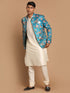 Men's Turquoise Silk Blend Jodhpuri With Cream Viscose Rayon Kurta Pyjama Set