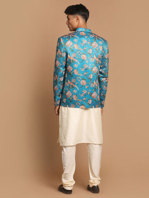 Men's Turquoise Silk Blend Jodhpuri With Cream Viscose Rayon Kurta Pyjama Set