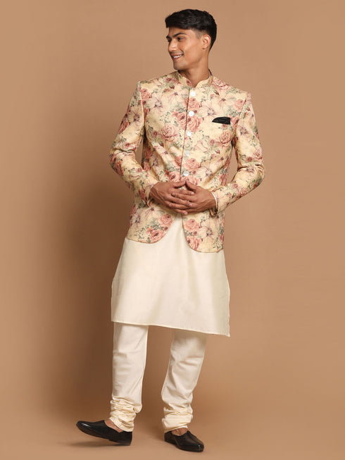Men's Beige Printed Jodhpuri And Cream Kurta Pyjama Set