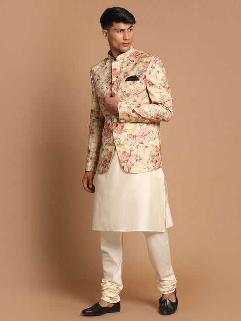 Men's Beige Printed Jodhpuri And Cream Kurta Pyjama Set