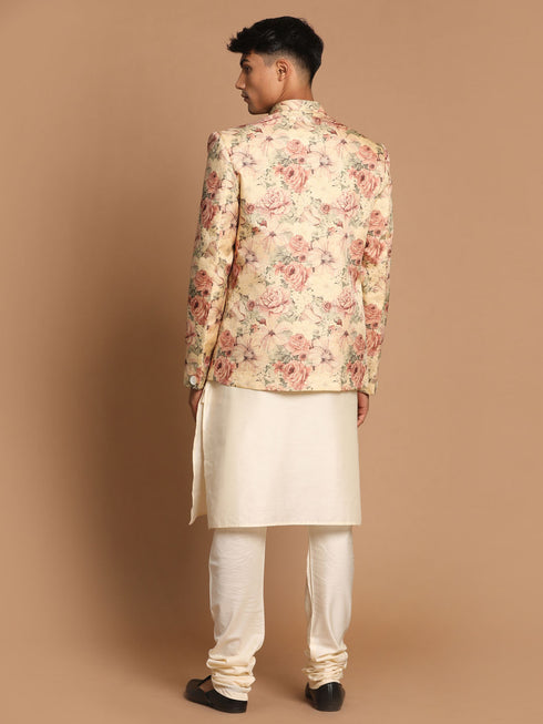 Men's Beige Printed Jodhpuri And Cream Kurta Pyjama Set