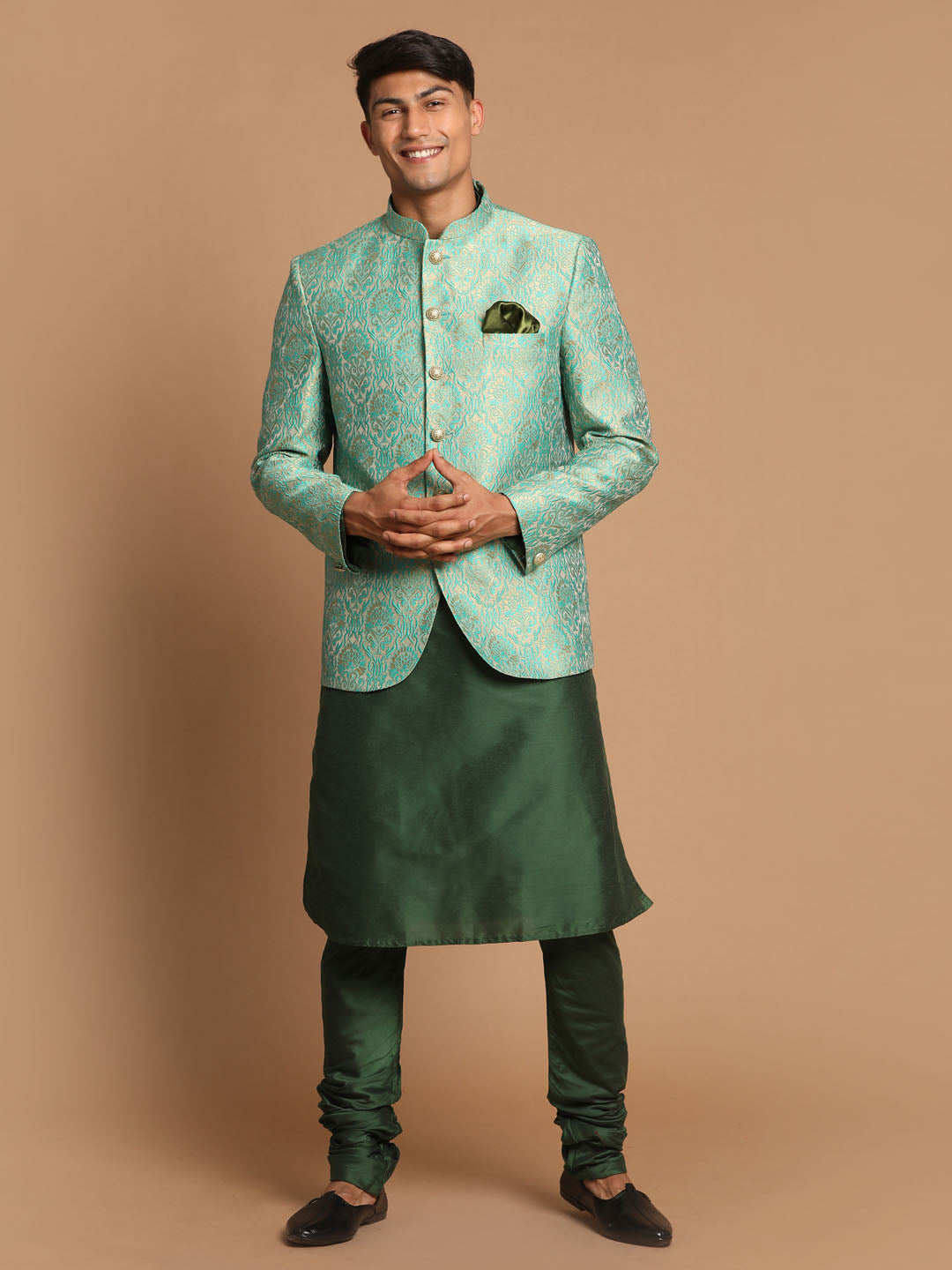 Men's Green Woven Design Jodhpuri And Dark Green Solid Kurta Pyjama Set