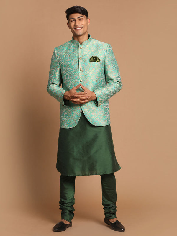 Men's Green Woven Design Jodhpuri And Dark Green Solid Kurta Pyjama Set