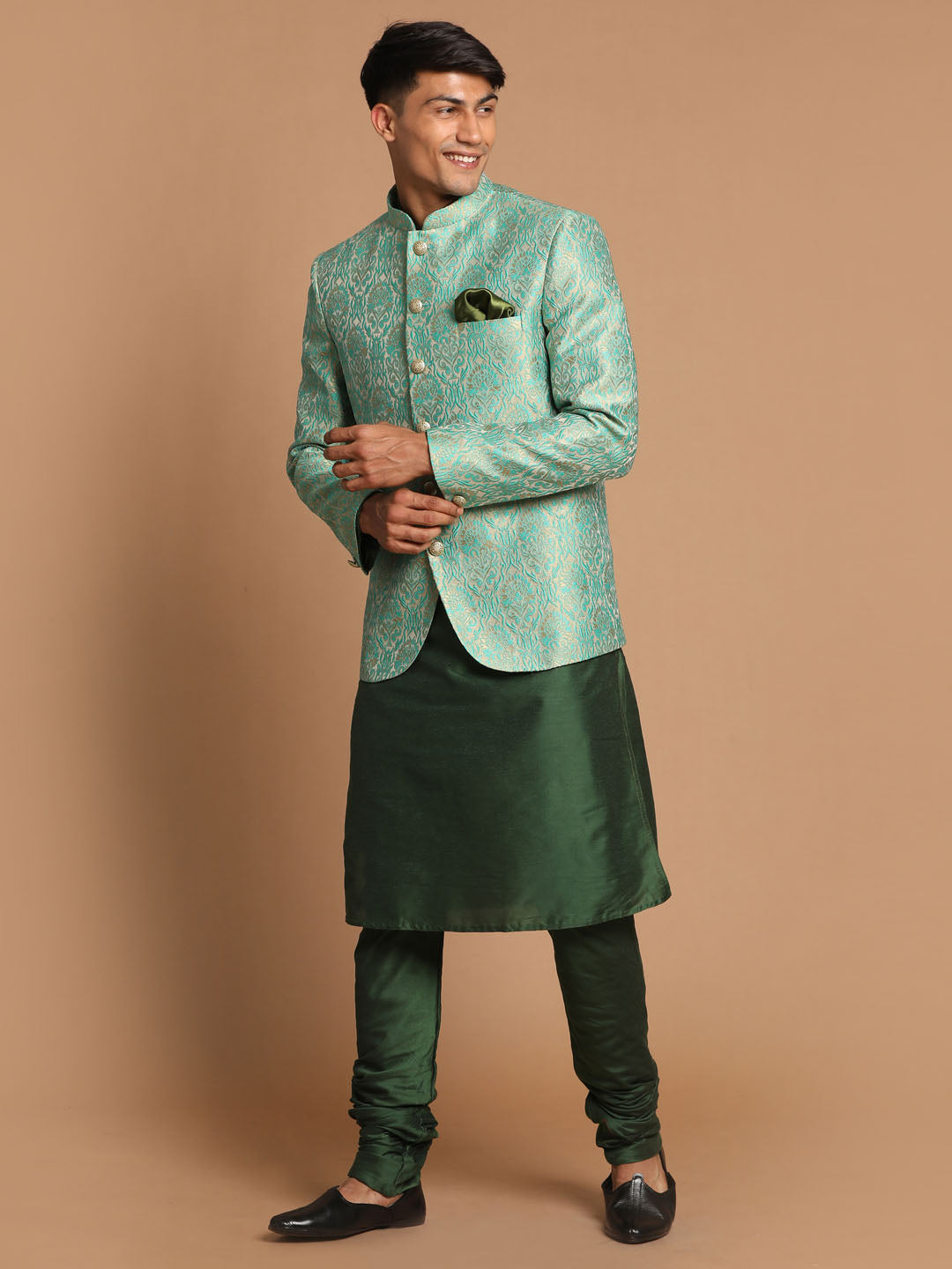 Men's Green Woven Design Jodhpuri And Dark Green Solid Kurta Pyjama Set