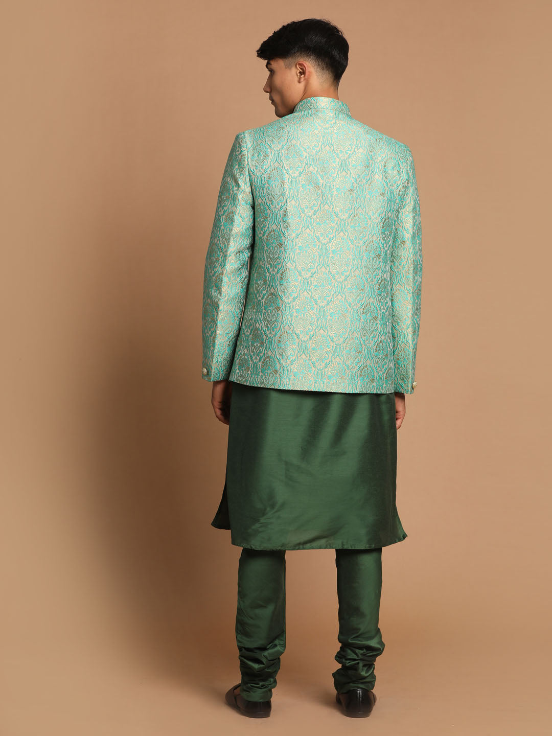 Men's Green Woven Design Jodhpuri And Dark Green Solid Kurta Pyjama Set