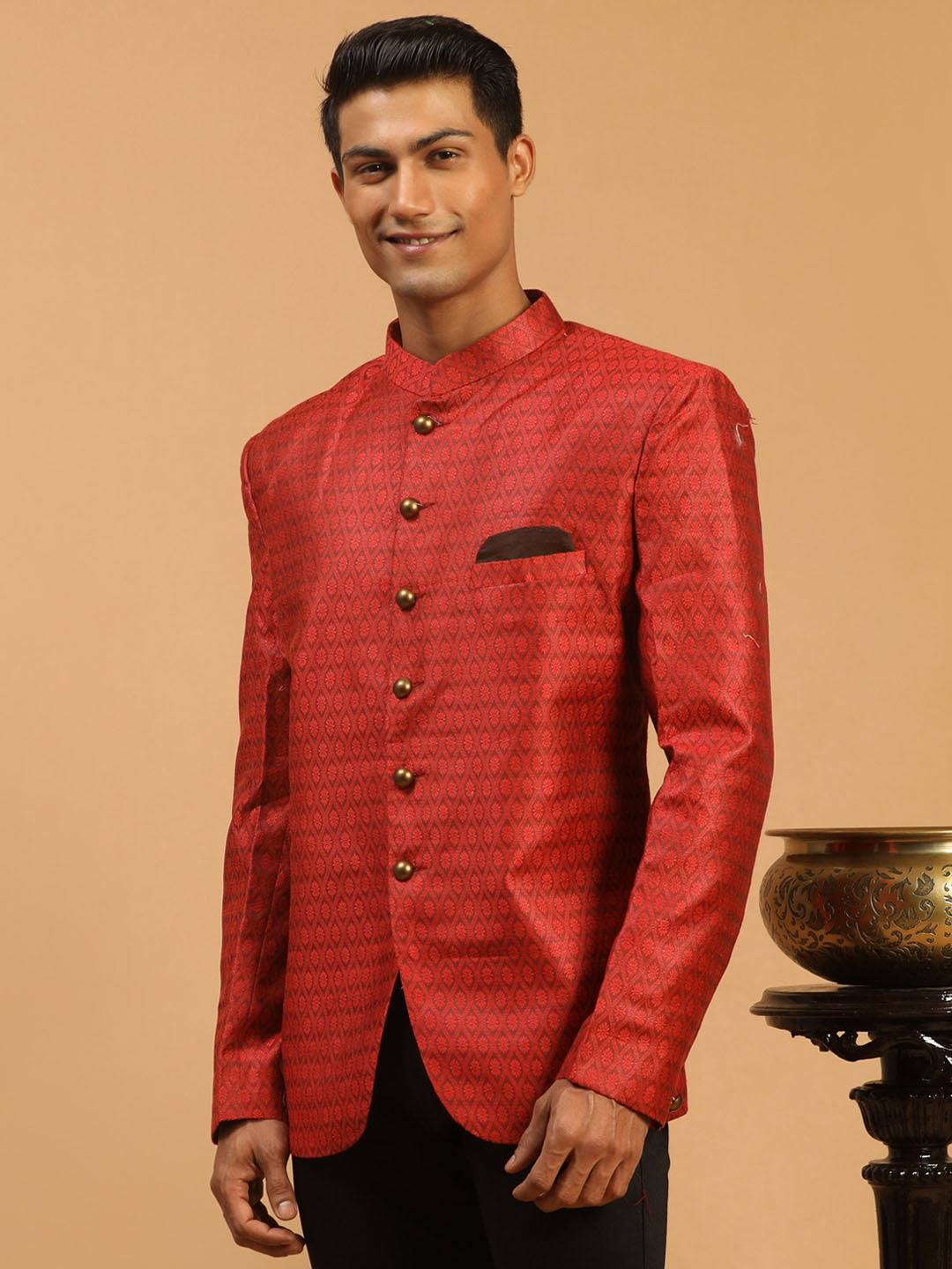 Men's Maroon Silk Blend Woven Jodhpuri