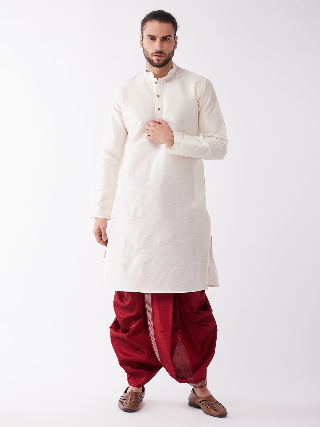 Men's Cream And Maroon Silk Blend Kurta And Dhoti Set