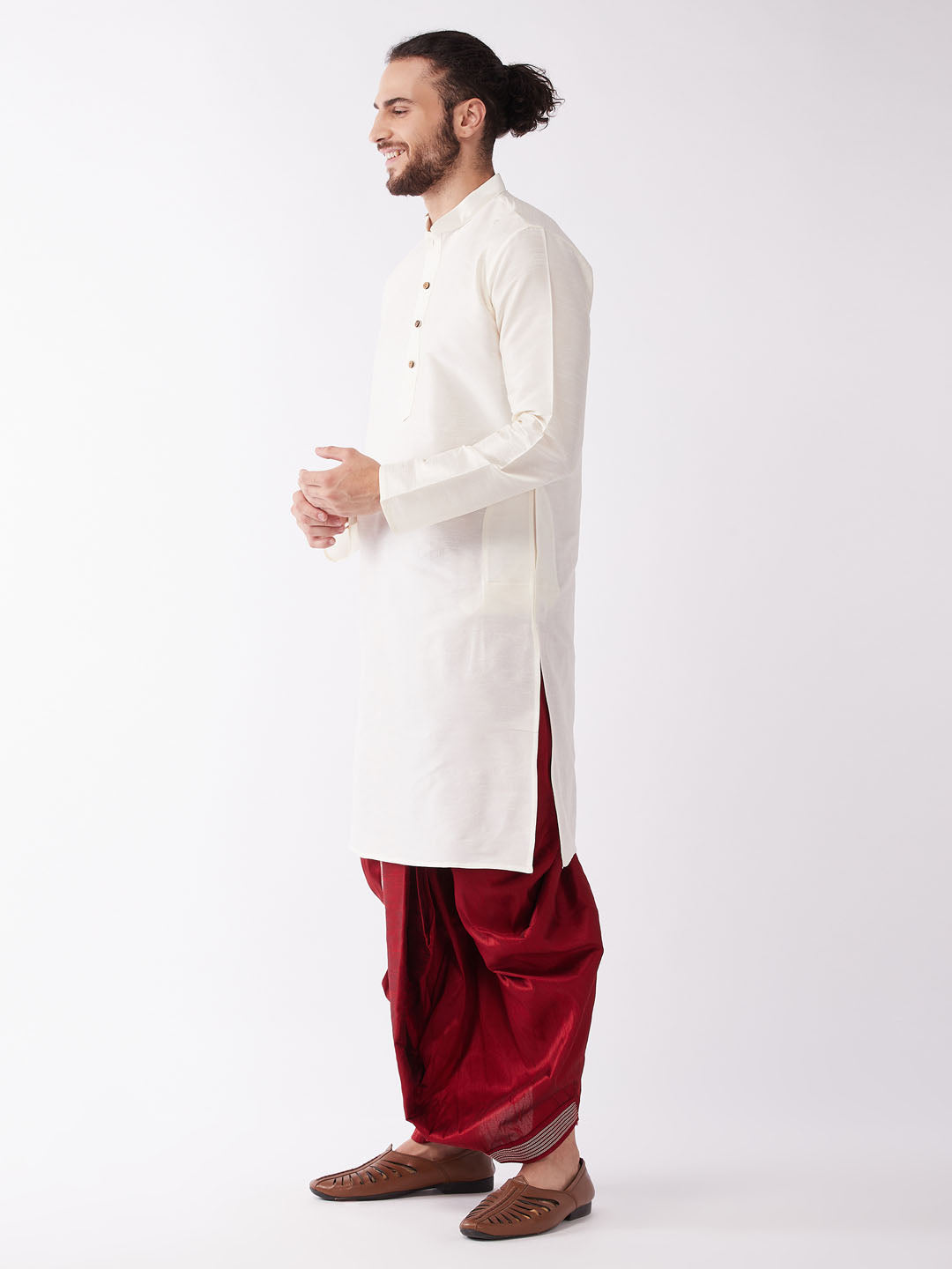 Men's Cream And Maroon Silk Blend Kurta And Dhoti Set