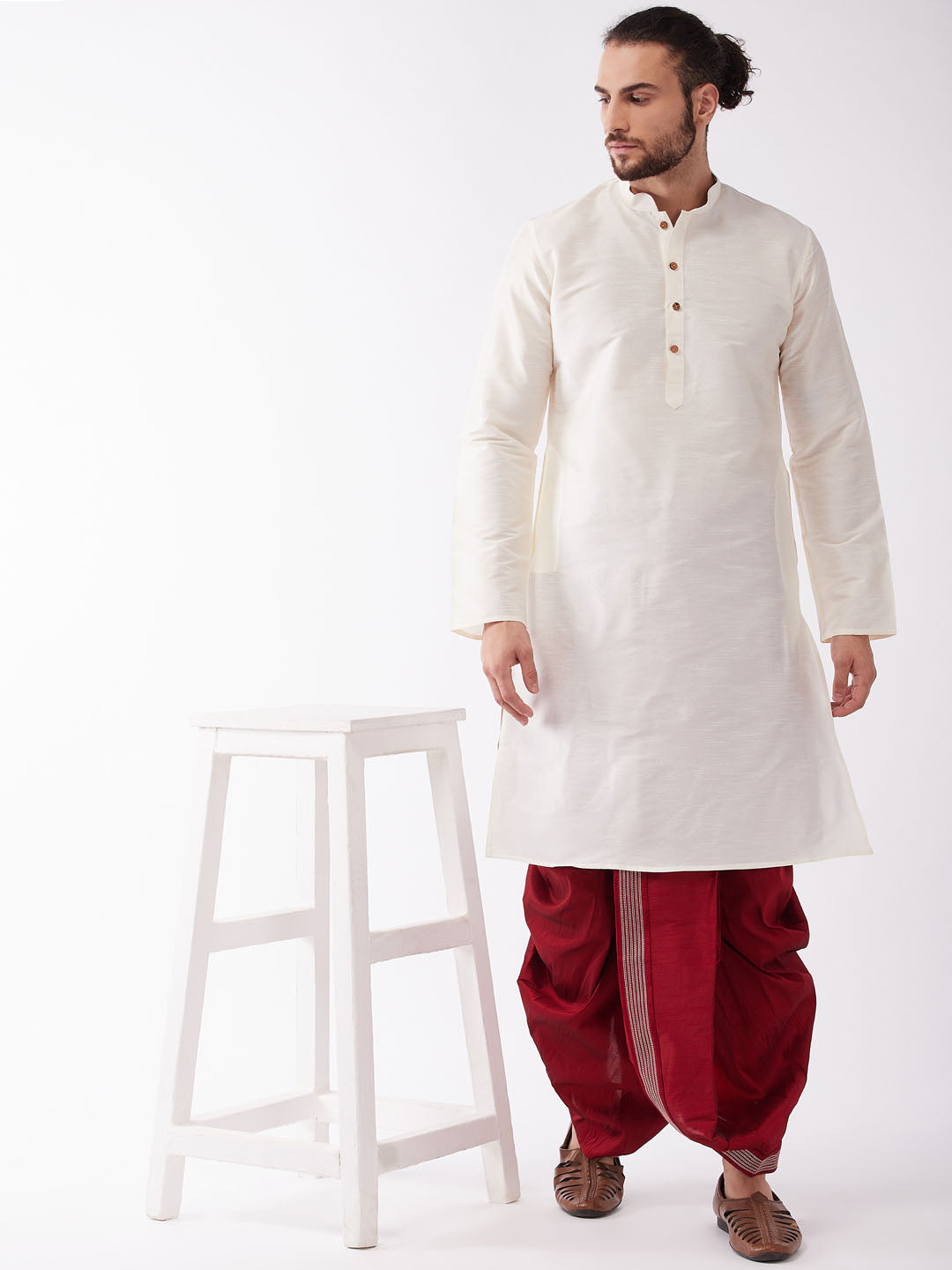 Men's Cream And Maroon Silk Blend Kurta And Dhoti Set