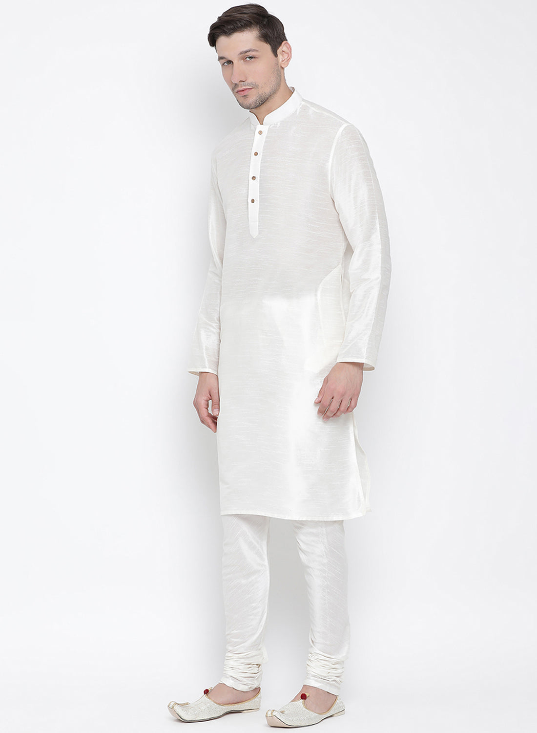 Men's White Cotton Silk Blend Kurta and Pyjama Set