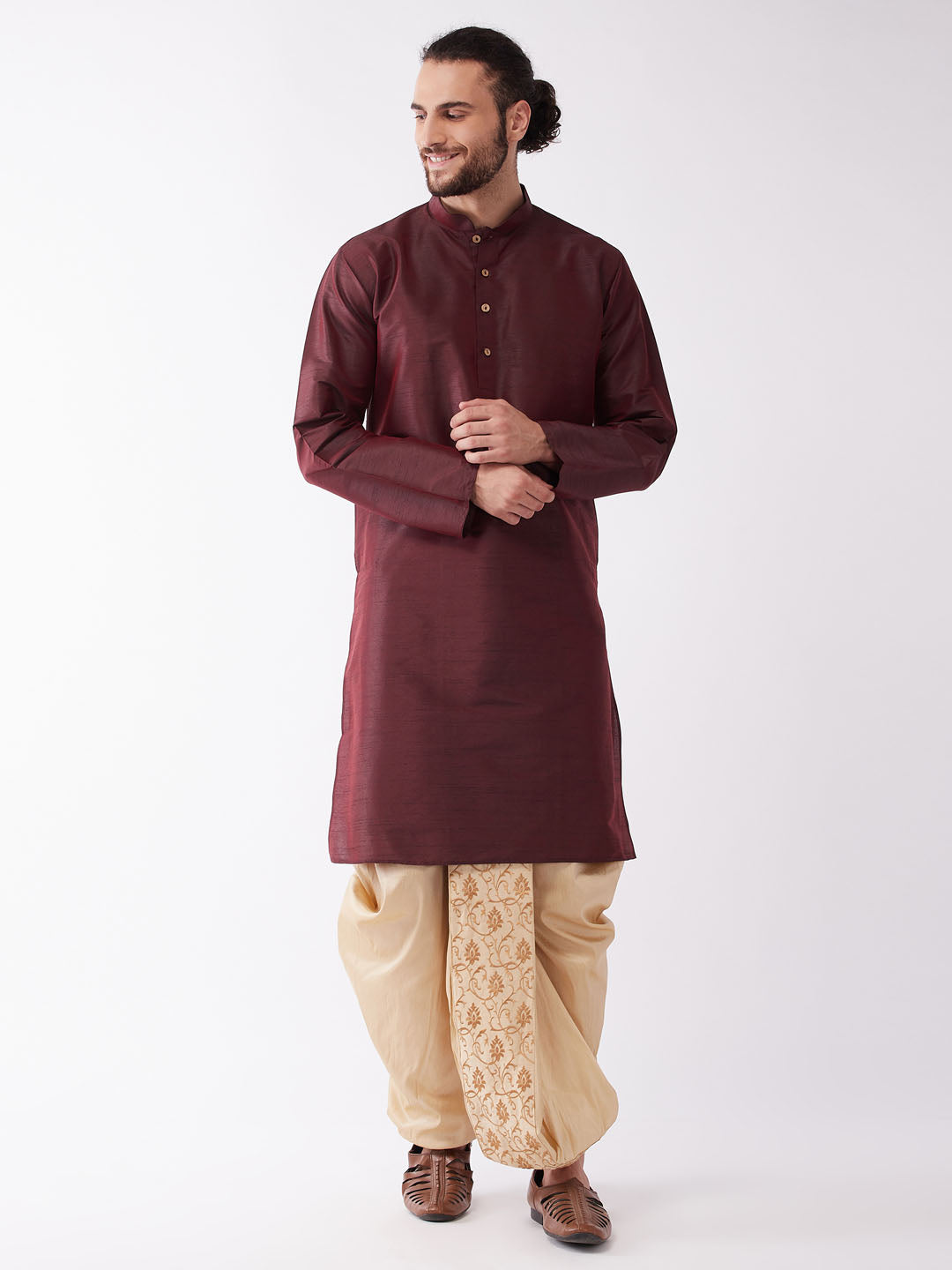 Men's Burgundy Silk Blend Kurta And Gold Dhoti Set