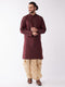 Men's Burgundy Silk Blend Kurta And Gold Dhoti Set