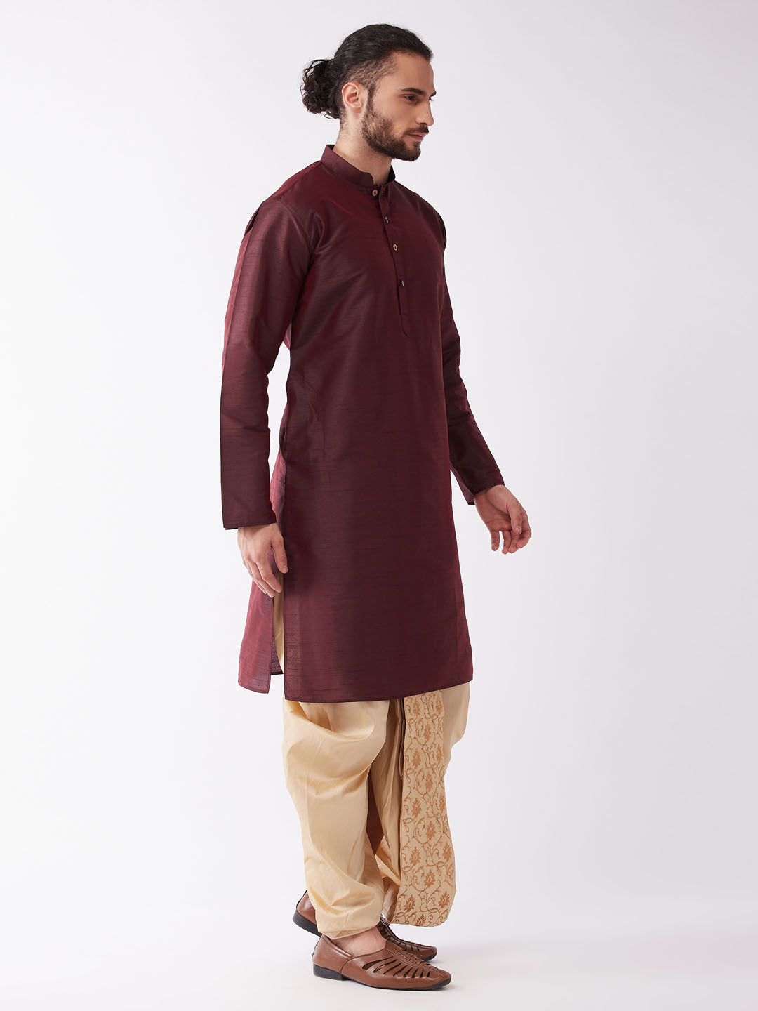 Men's Burgundy Silk Blend Kurta And Gold Dhoti Set