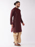 Men's Burgundy Silk Blend Kurta And Gold Dhoti Set