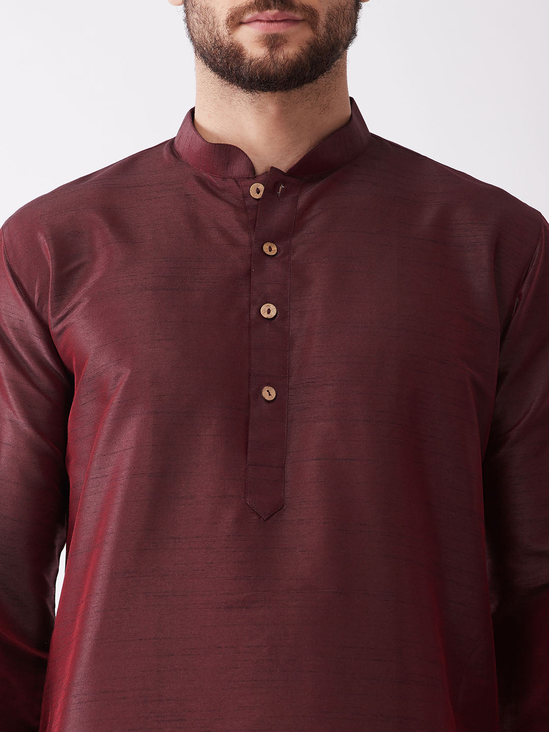 Men's Burgundy Silk Blend Kurta And Gold Dhoti Set