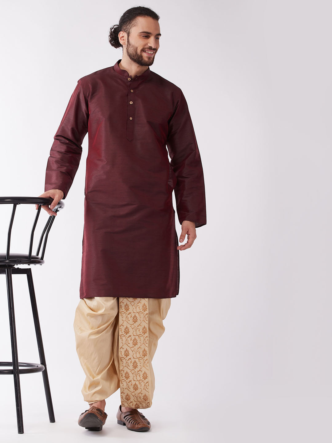 Men's Burgundy Silk Blend Kurta And Gold Dhoti Set