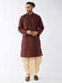 Men's Burgundy And Gold Silk Blend Kurta And Dhoti Set