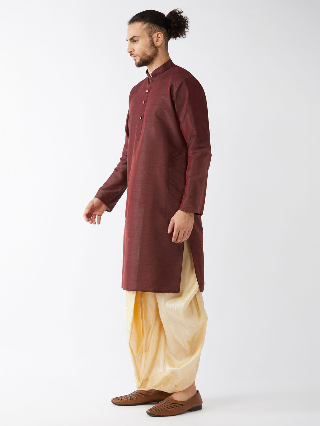 Men's Burgundy And Gold Silk Blend Kurta And Dhoti Set