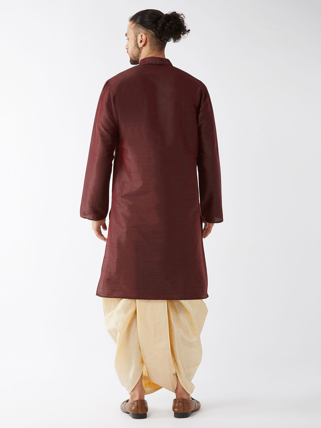 Men's Burgundy And Gold Silk Blend Kurta And Dhoti Set