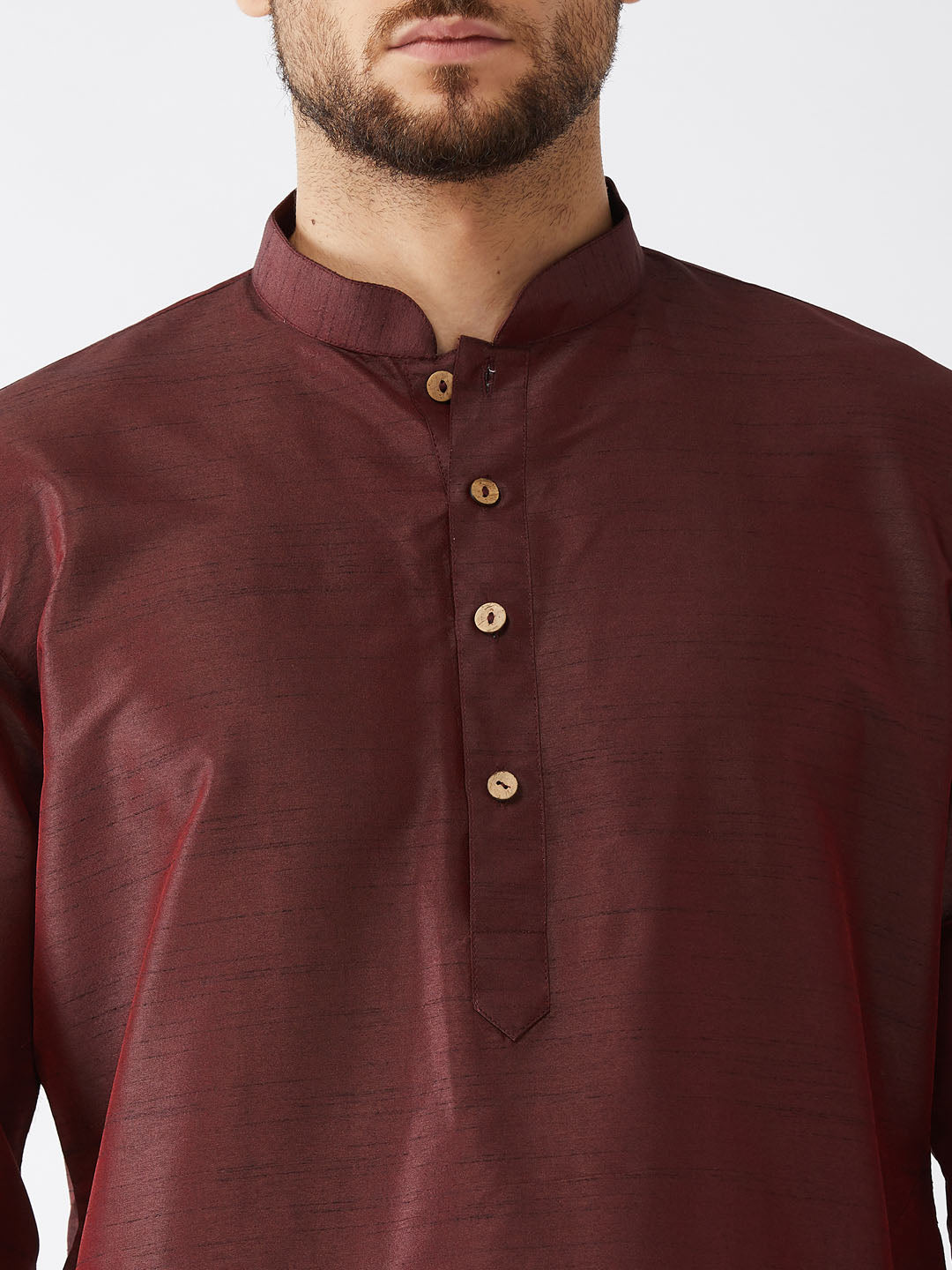 Men's Burgundy And Gold Silk Blend Kurta And Dhoti Set