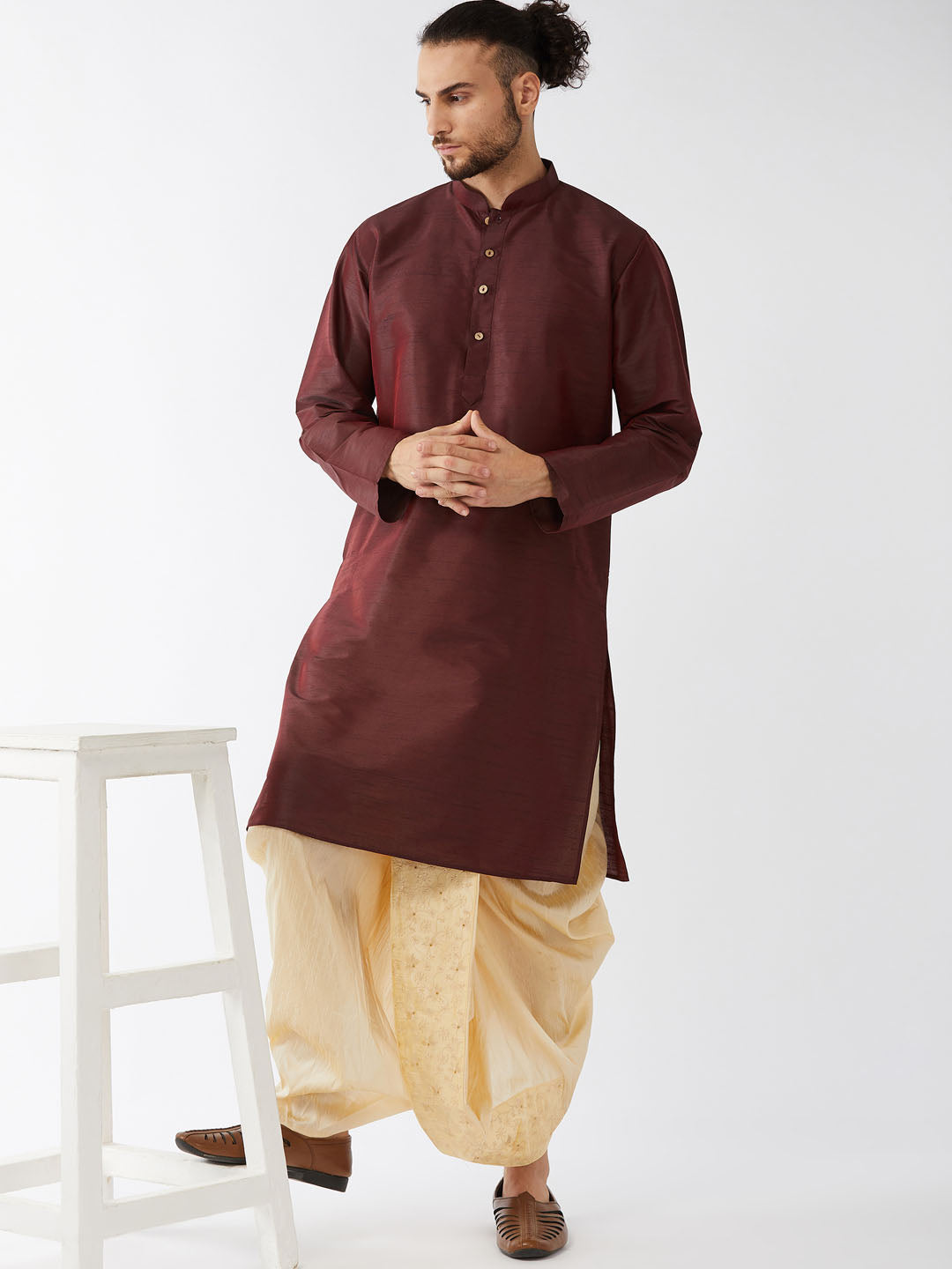 Men's Burgundy And Gold Silk Blend Kurta And Dhoti Set