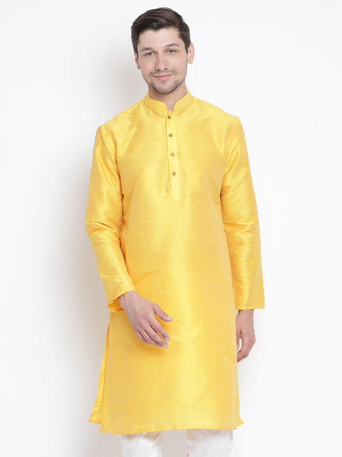 Men's Yellow Cotton Silk Blend Kurta