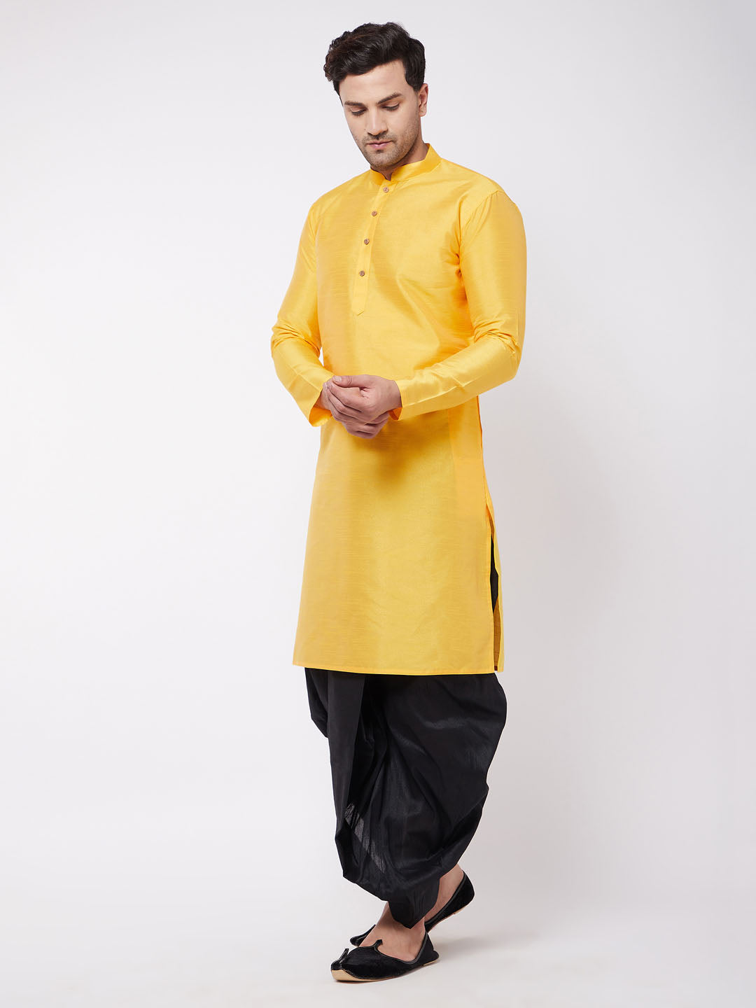 Men's Yellow And Black Silk Blend Kurta And Dhoti Set