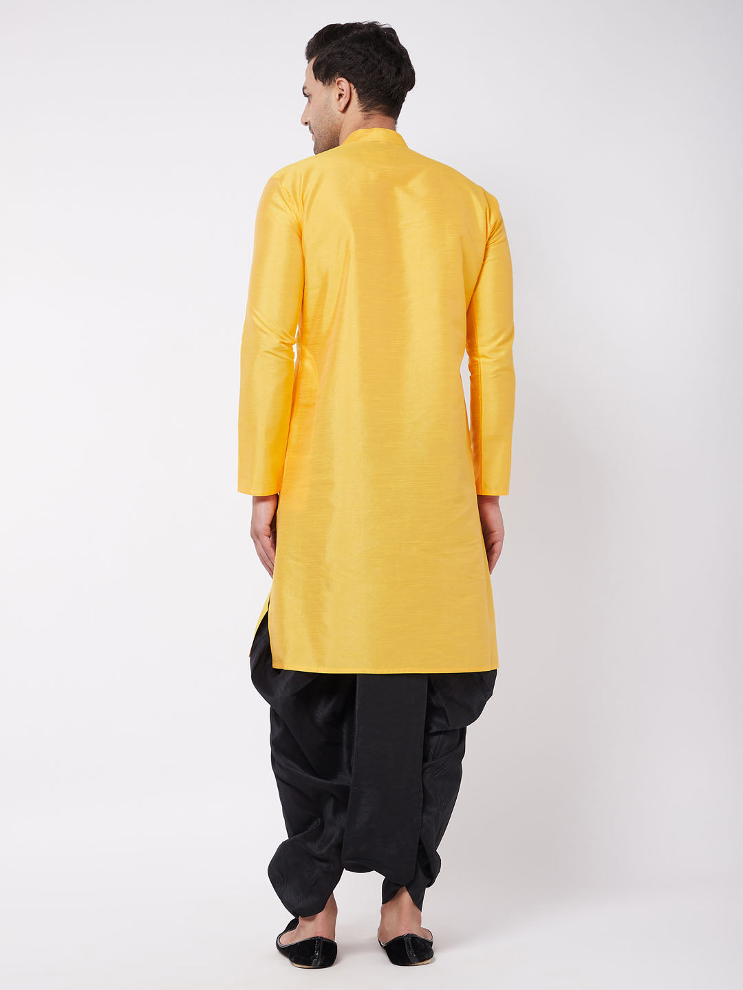 Men's Yellow And Black Silk Blend Kurta And Dhoti Set