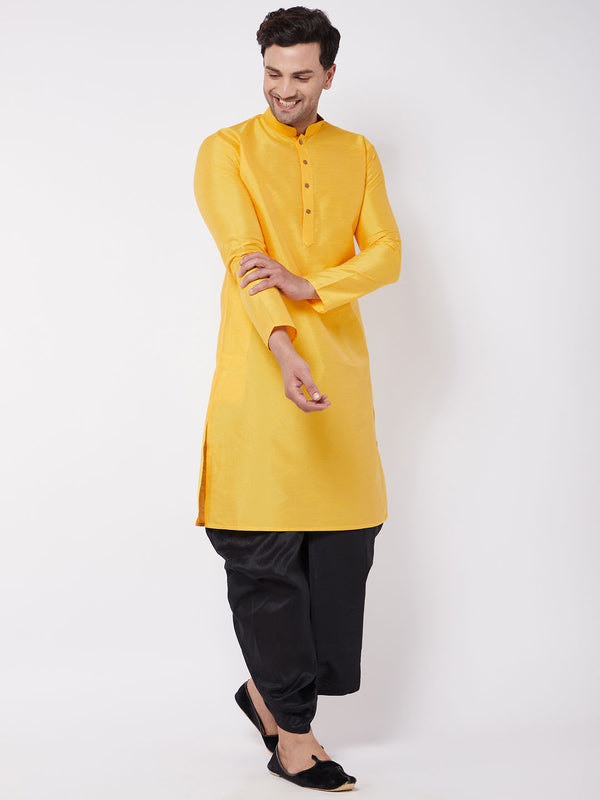 Men's Yellow And Black Silk Blend Kurta And Dhoti Set