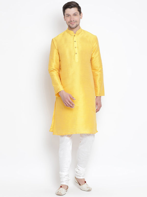 Men's Yellow Cotton Silk Blend Kurta and Pyjama Set
