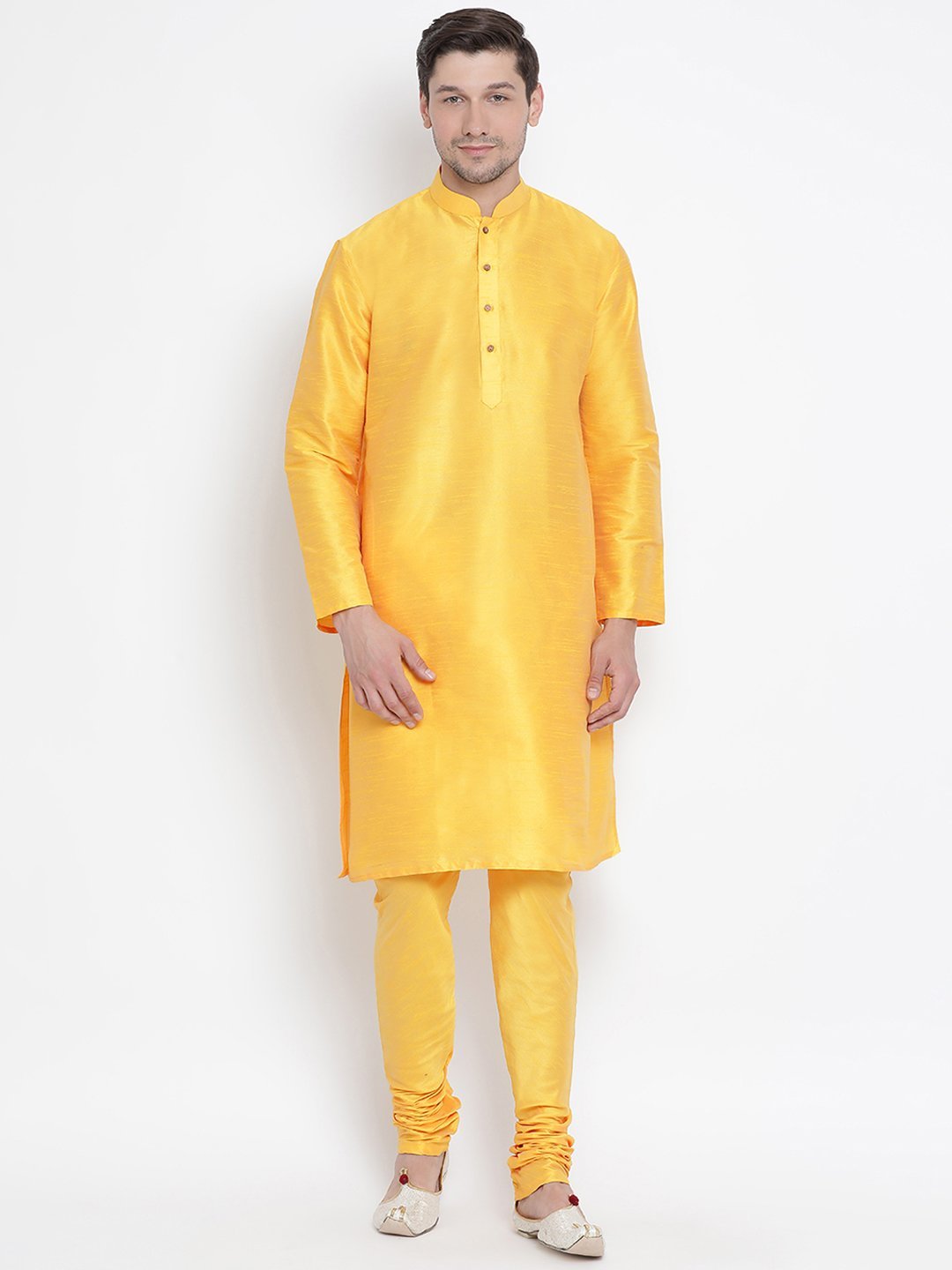 Men's Yellow Cotton Silk Blend Kurta and Pyjama Set