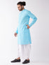 Men's Aqua Blue And White Cotton Blend Kurta And Dhoti Set