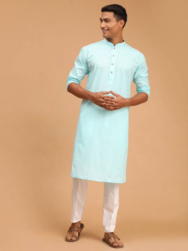 Men's Aqua Blue Cotton Kurta And White Cotton Pant Set